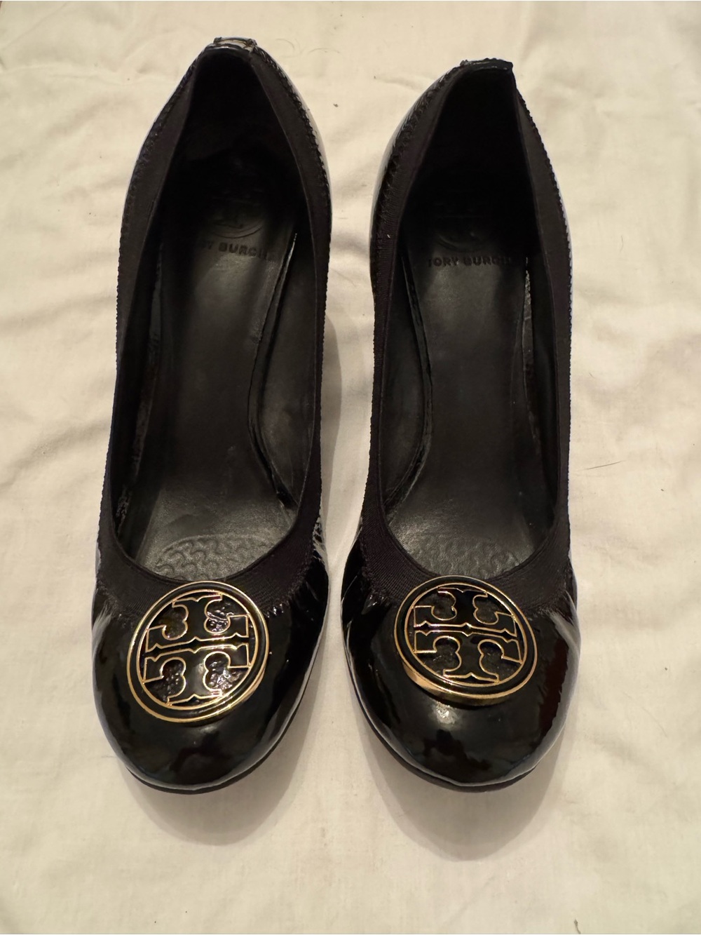 Tory Burch Black Patent Leather Logo Wedges
